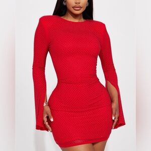 Fashion Nova Rhinestone Mesh Vibrant Red Long Sleeve Mini Dress